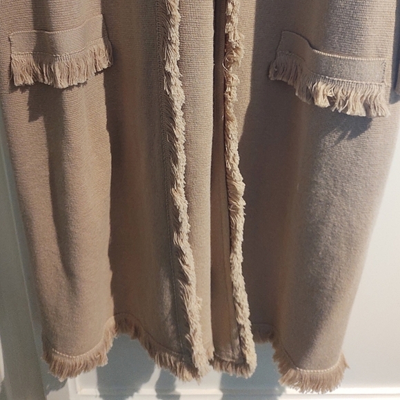 Tan Fringed Long Cardigan Sweater | Large - Picture 9 of 16